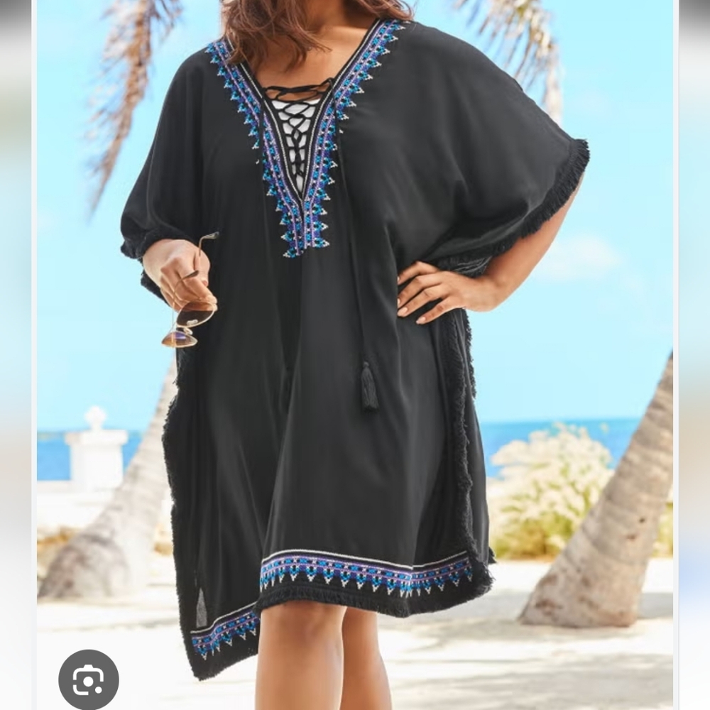 Cover Up Plus Women Lace Up Caftan Embroidered Black-Purple Swimsuit For All